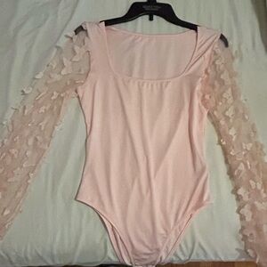 SHEIN Pink Bodysuit with Sheer Floral Sleeves